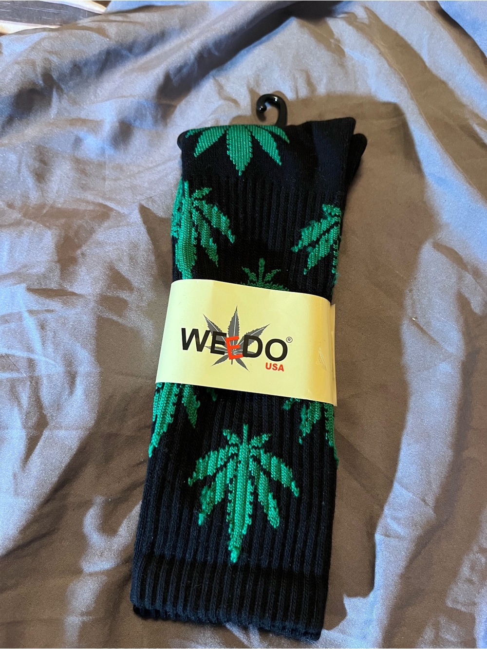 WEEDO Black Crew Socks with Green Leaf Pattern